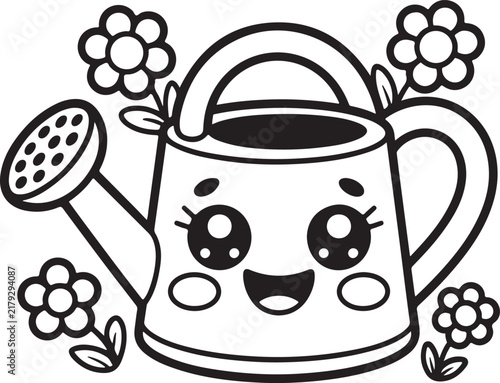 Cute watering can coloring page vector illustration with kawaii character and flowers for children activity books