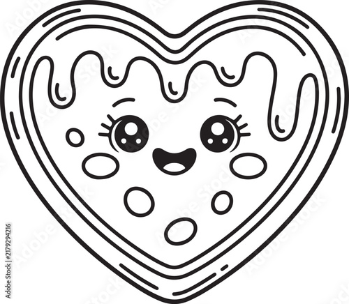 Cute kawaii heart coloring page vector illustration with sweet icing and happy facial expression for kids