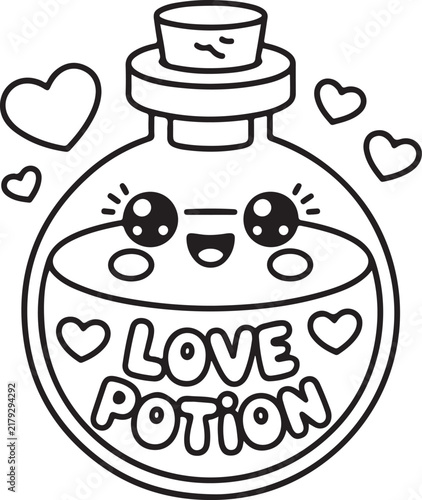 Cute love potion coloring page vector illustration featuring a happy kawaii bottle with hearts and text for children activity books and Valentines Day designs