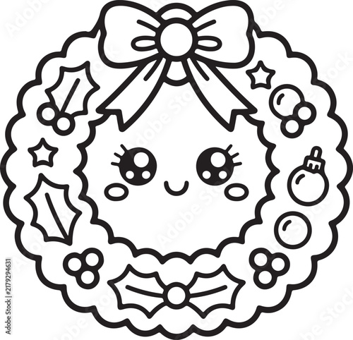 Cute Christmas wreath coloring page vector illustration featuring a kawaii holiday design with a big bow, ornaments, holly berries, and stars in black and white line art style