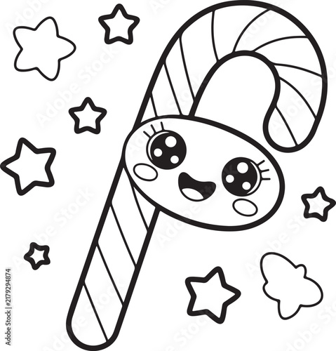 Cute coloring page featuring a kawaii candy cane with big happy eyes surrounded by little stars