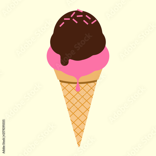 Chocolate and Strawberry Ice Cream Cone Flat Color Icon for Food Apps and Websites