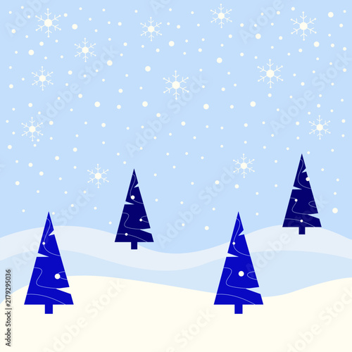 Winter Landscape with Snow Covered Pine Trees and Falling Snowflakes, Seasonal Nature Background Vector Illustration