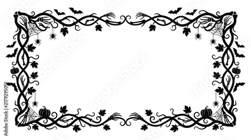 Halloween Gothic border with vines and bats, spooky floral frame for invitations, black silhouette decorative edge with spiders and pumpkins Editable Halloween EPS