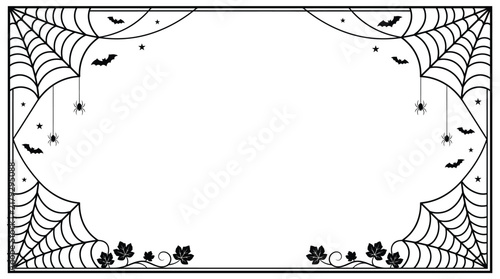 Halloween spider web border, spooky decorative frame with bats and spiders, black and white gothic corner ornaments for invitations Editable Halloween EPS