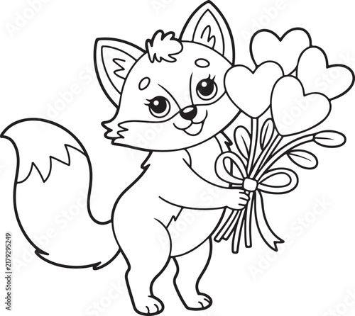 Cute fox coloring page for kids with heart balloons, black and white vector illustration for children creative activity and art learning
