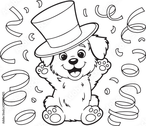 Cute puppy coloring page vector illustration featuring a happy dog wearing a top hat surrounded by confetti and streamers for children activity books