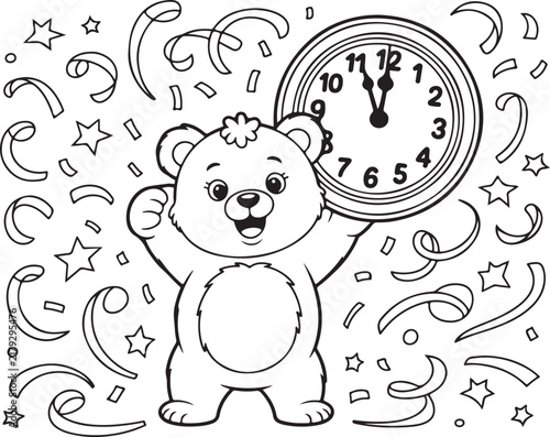 Coloring page vector illustration featuring an adorable happy bear holding a clock celebrating midnight with confetti and stars for kids activity and creative fun