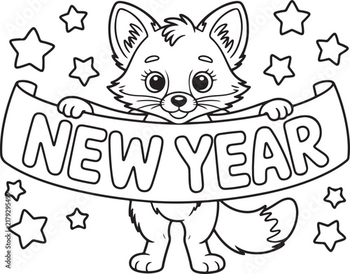 Coloring page vector illustration featuring a cute cartoon fox holding a New Year banner surrounded by stars