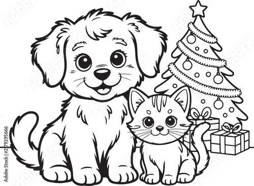 Cute puppy and kitten coloring page with Christmas tree and gifts in black and white vector outline