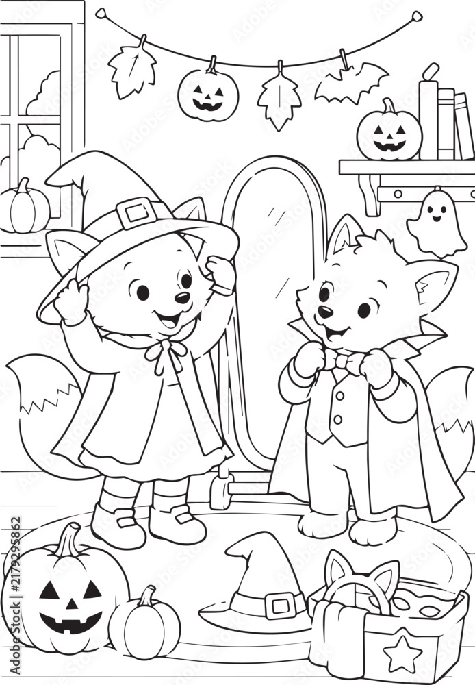 Fototapeta premium Little foxes trying on witch and vampire Halloween costumes in front of a mirror. Black and white vector line art coloring page for kids activity books and KDP printables.