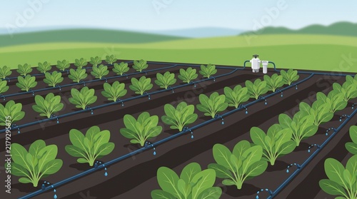 Agricultural irrigation system watering leafy green plants in a field vector illustration