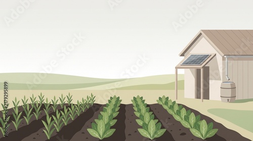 Agricultural landscape with farmhouse and solar panel vector illustration