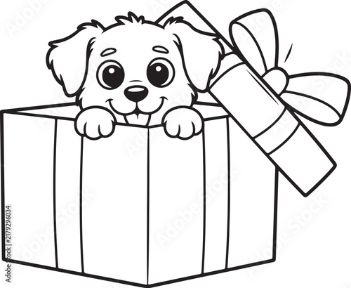 Cute puppy coloring page vector illustration featuring an adorable little dog sitting inside a wrapped gift box with a big bow, designed as an outline drawing for kids creative activity