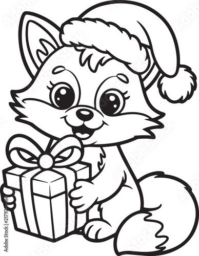 Cute christmas fox coloring page outline holding a gift box vector illustration for kids activities
