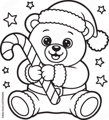 Cute Christmas coloring page featuring a cheerful teddy bear wearing a Santa hat and holding a large candy cane surrounded by festive twinkling stars in black and white line art vector illustration