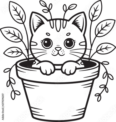 Cute cat coloring page vector illustration featuring an adorable kitty sitting inside a flower pot surrounded by green plants, perfect for children activity books and creative design projects