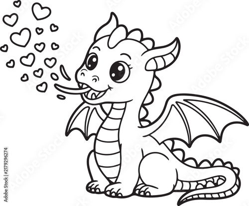 Cute little dragon coloring page vector illustration featuring a friendly baby mythical creature blowing floating heart bubbles for children activity books and educational crafts