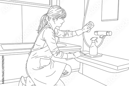 家仕事シリーズ：お風呂掃除をしているラインアート