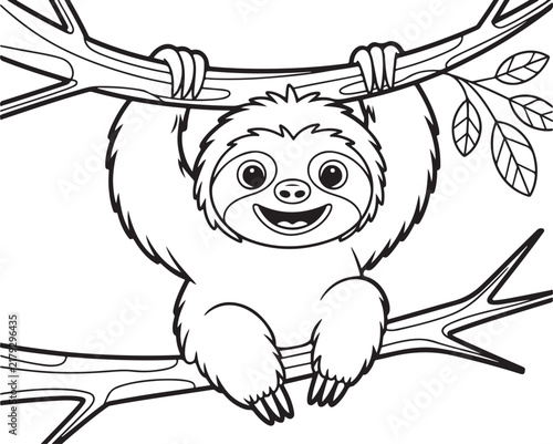 Cute sloth coloring page vector illustration featuring a happy cartoon animal hanging from tree branches in a fun black and white outline style for kids activity books