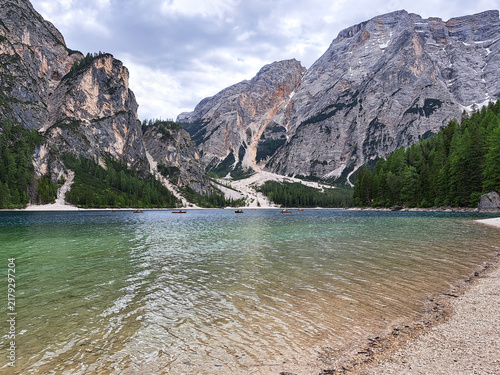 Quadro su tela View of lake Braies, one of the most beautiful lakes of the Dolomites
