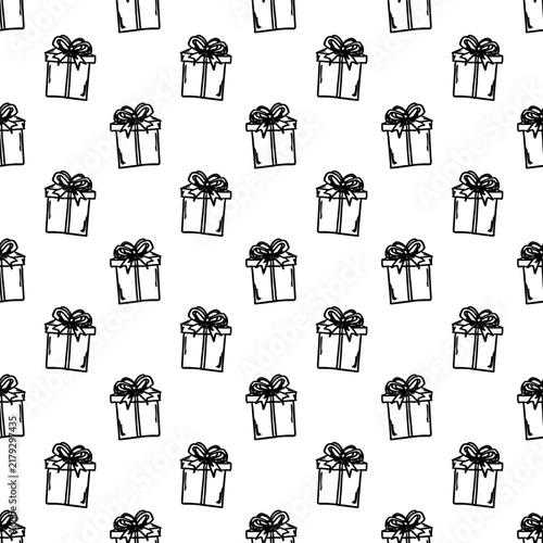 Seamless pattern with hand drawn present box with ribbons Birthday present Christmas gift Holiday doodle For print, wrapping paper, greeting cards, fabric, packaging, background
