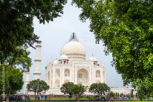 Scenic natural framing of green tree leaves around the iconic white marble mausoleum and dome structure of the Taj Mahal complex in Agra, Uttar Pradesh, India.