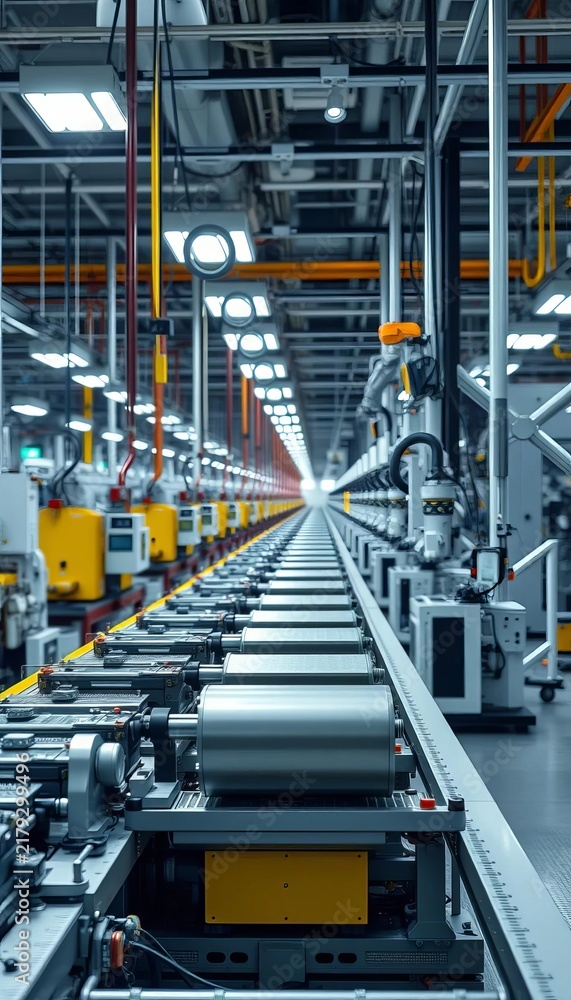 Fototapeta premium Factory assembly line with automated machinery, machinery, industry