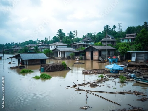 Flooded village with waterlogged homes and debris, damage, devastation