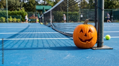 A carved pumpkin rests against a tennis net on a blue court with players in the background enjoying a sunny day.