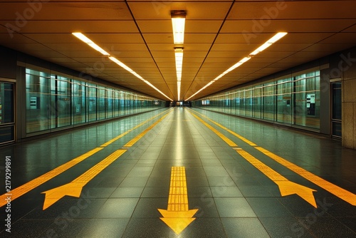 selective focus underground corridor with arrows pointing to lines