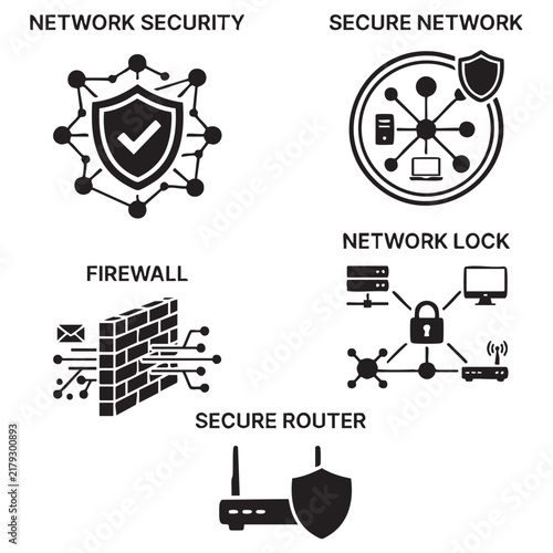 Network Security Icon Set Featuring Firewalls Secure Routers Access Control and Infrastructure Protection