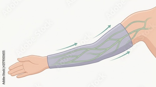 Close up of arm with compression sleeve showing fluid circulation with green arrows.