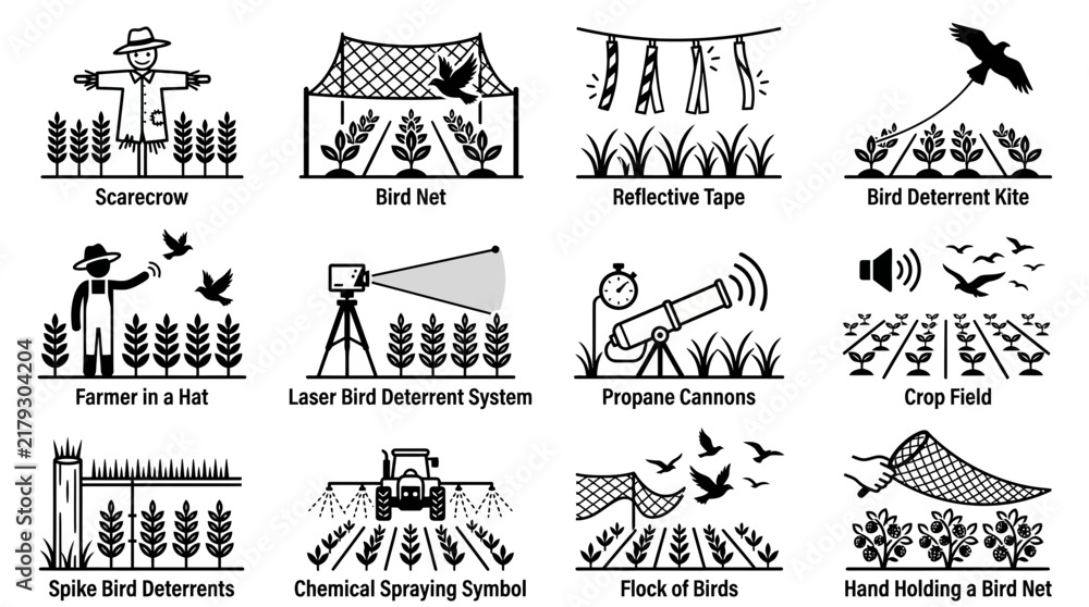 Fototapeta premium Agricultural Bird Deterrent and Pest Control Icon Set for Farming Protection