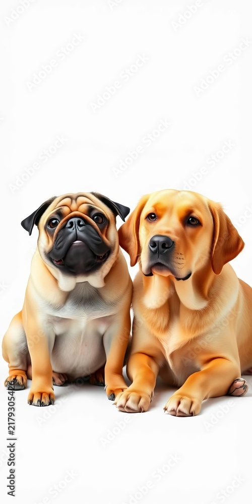 Obraz premium Pug and golden labrador retriever sitting side by side on white background, enjoying each other's company, friendship goals, large dog