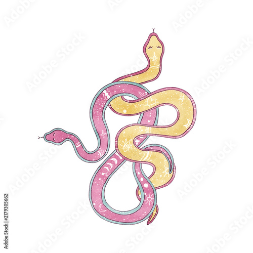 Intertwined two snakes pink and yellow with celestial symbols. Hand drawn watercolor esoteric isolated illustration. Pastel magic clip art for teenage journals, aesthetic stationery, packaging, merch
