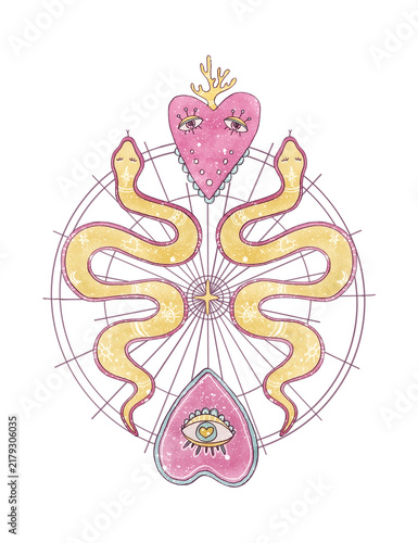 Pastel watercolor esoteric composition with mystical golden snakes, sacred pink heart with eyes, Milagros, astrological geometry. Hand drawn isolated illustration for aesthetic teen journal, merch
