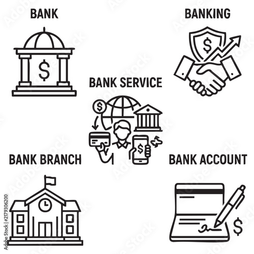 Banking Services Icon Set Featuring Bank Branch Accounts Financial Security and Institutional Banking Concepts