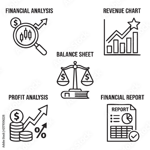 Financial Analysis and Revenue Reporting Icons with Profit Growth Balance Sheets and Business Insights