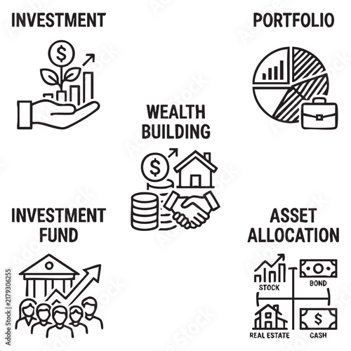 Investment and Portfolio Management Icons Featuring Wealth Building Asset Allocation and Fund Growth