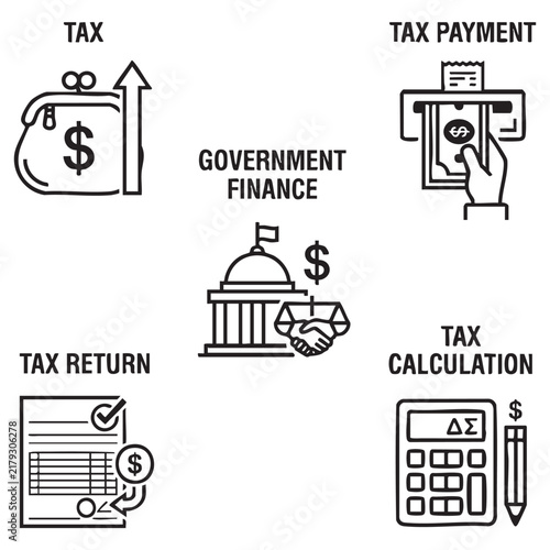 Tax Management and Government Finance Icons Featuring Tax Returns Payments Calculations and Compliance