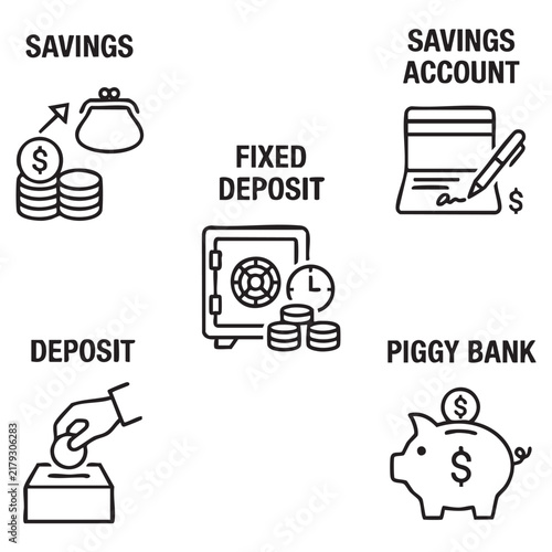 Savings and Deposit Banking Icons Featuring Fixed Deposits Piggy Banks and Wealth Preservation Concepts