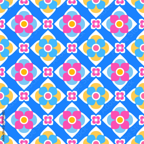 Colorful Retro Floral Seamless Pattern on Blue Background