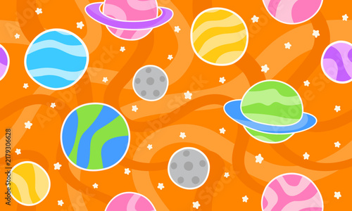 Colorful Planets and Stars Pattern on Orange Background