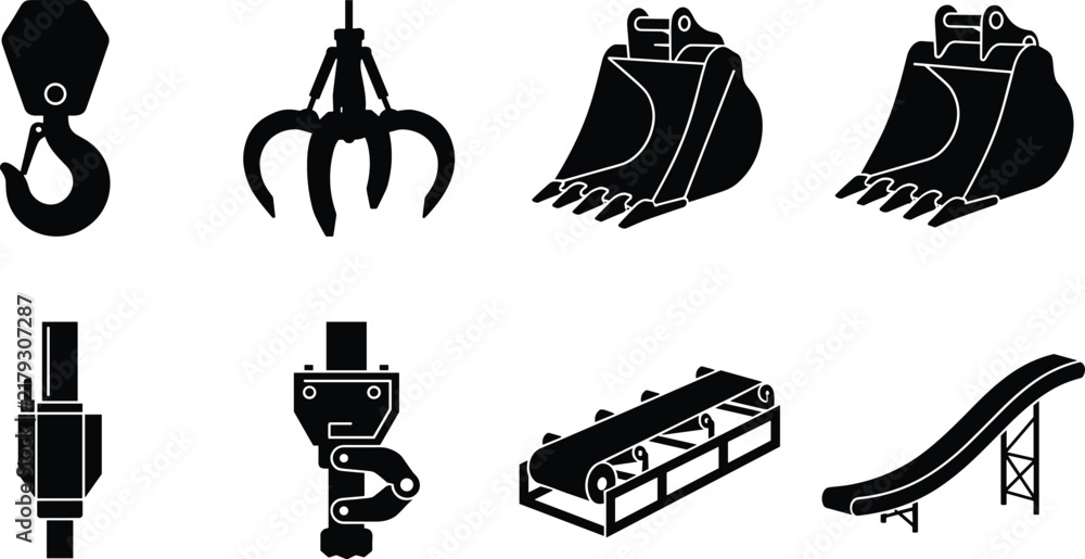 Naklejka premium Heavy machinery and construction equipment icon set featuring crane hook excavator bucket grab conveyor belt and hydraulic tools