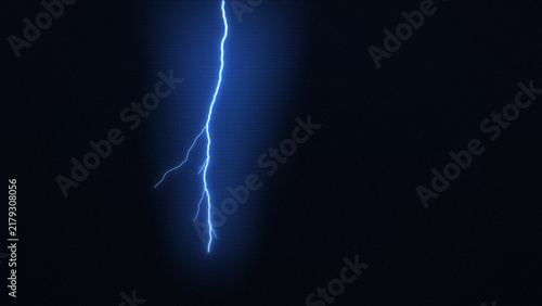 Bild auf Leinwand Blue lightning bolt with branching forks striking down on a dark navy background