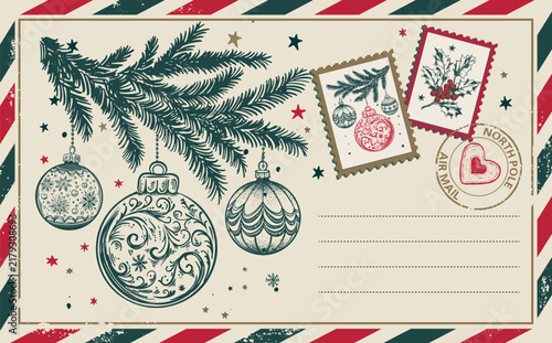 Vintage Christmas Postcard with ball and Stamps	
