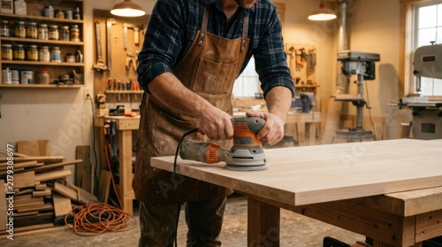 Woodworker sanding a wooden board in a workshop