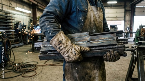 Welder holding metal pieces in a workshop