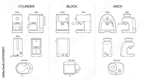 Industrial design blueprint illustration of modern espresso machines with front side and top view orthographic projections